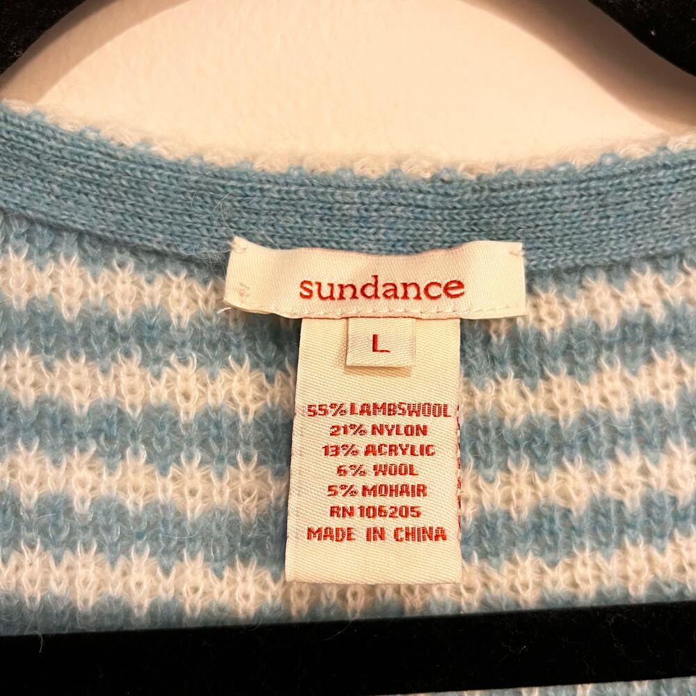 Sundance Sweater White Aqua Stripe Cardigan Lambswool Wool Mohair Blend Large - Picture 4 of 4